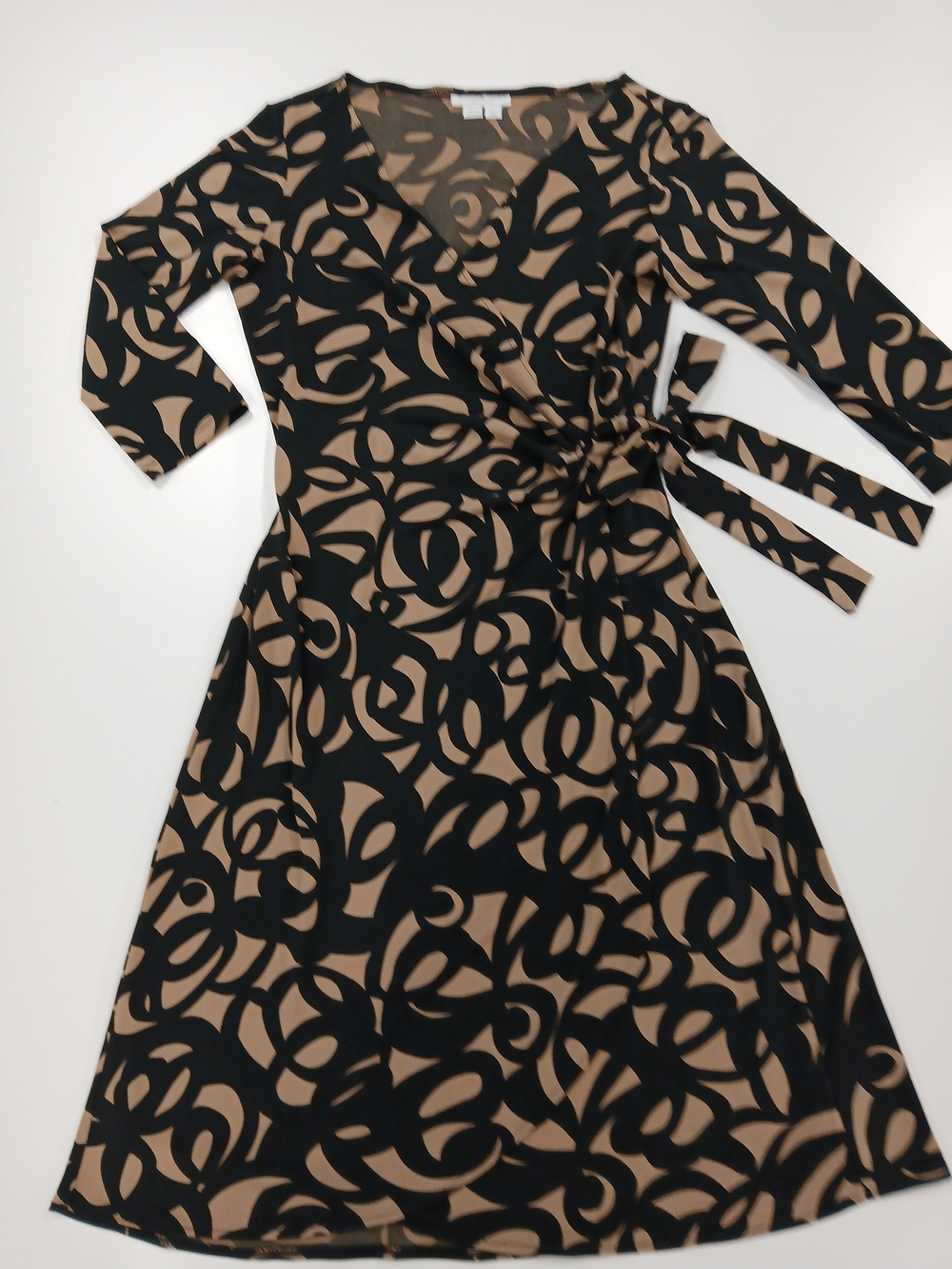 London Times Black & Tan Abstract Wrap Knee Length Dress 8P